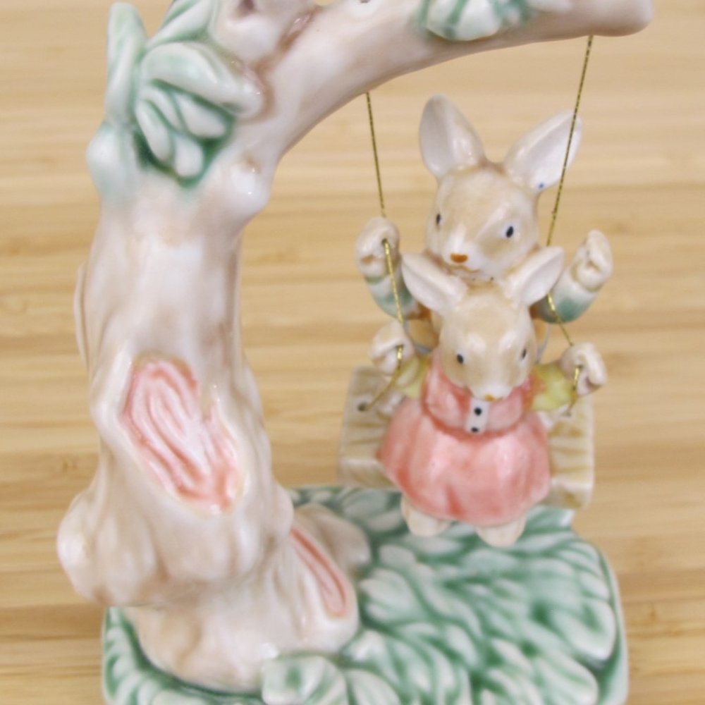 1993 Albert E Price Tales of Bunny Hollow Ceramic Young Bunnies on a Tree Swing